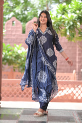 Arihantam Indigo Grace 3-Piece Cotton Kurti Set